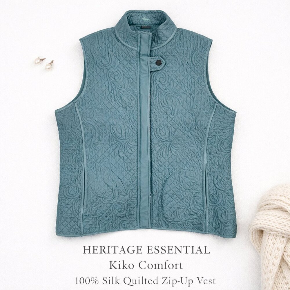 Kiko Comfort 100% Silk Quilted Zip-Up Vest Teal Blue Women’s Medium